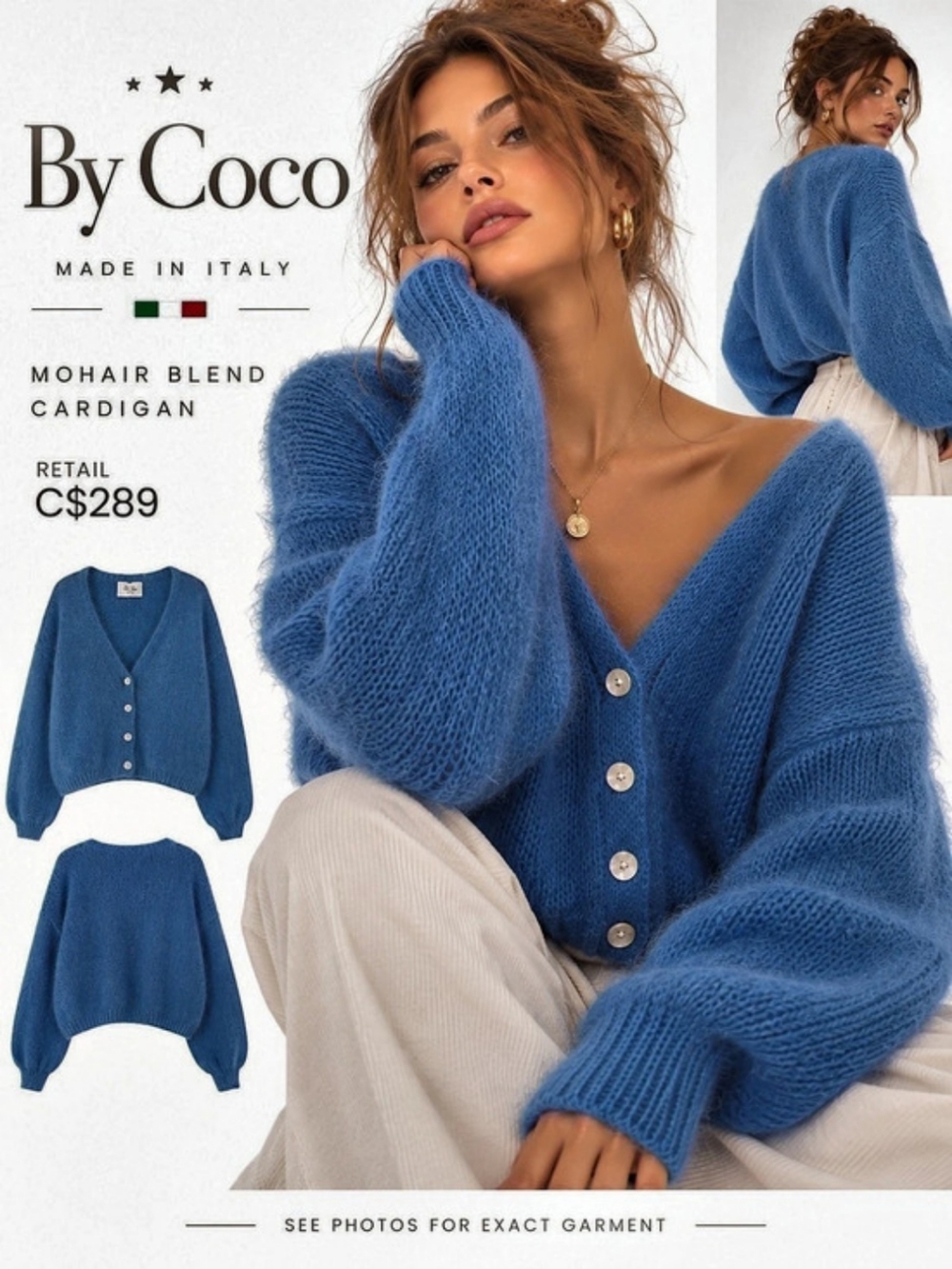 Mohair Cardigan Sweater Blue Made Italy Clean Girl Old Money Luxury Cottagecore